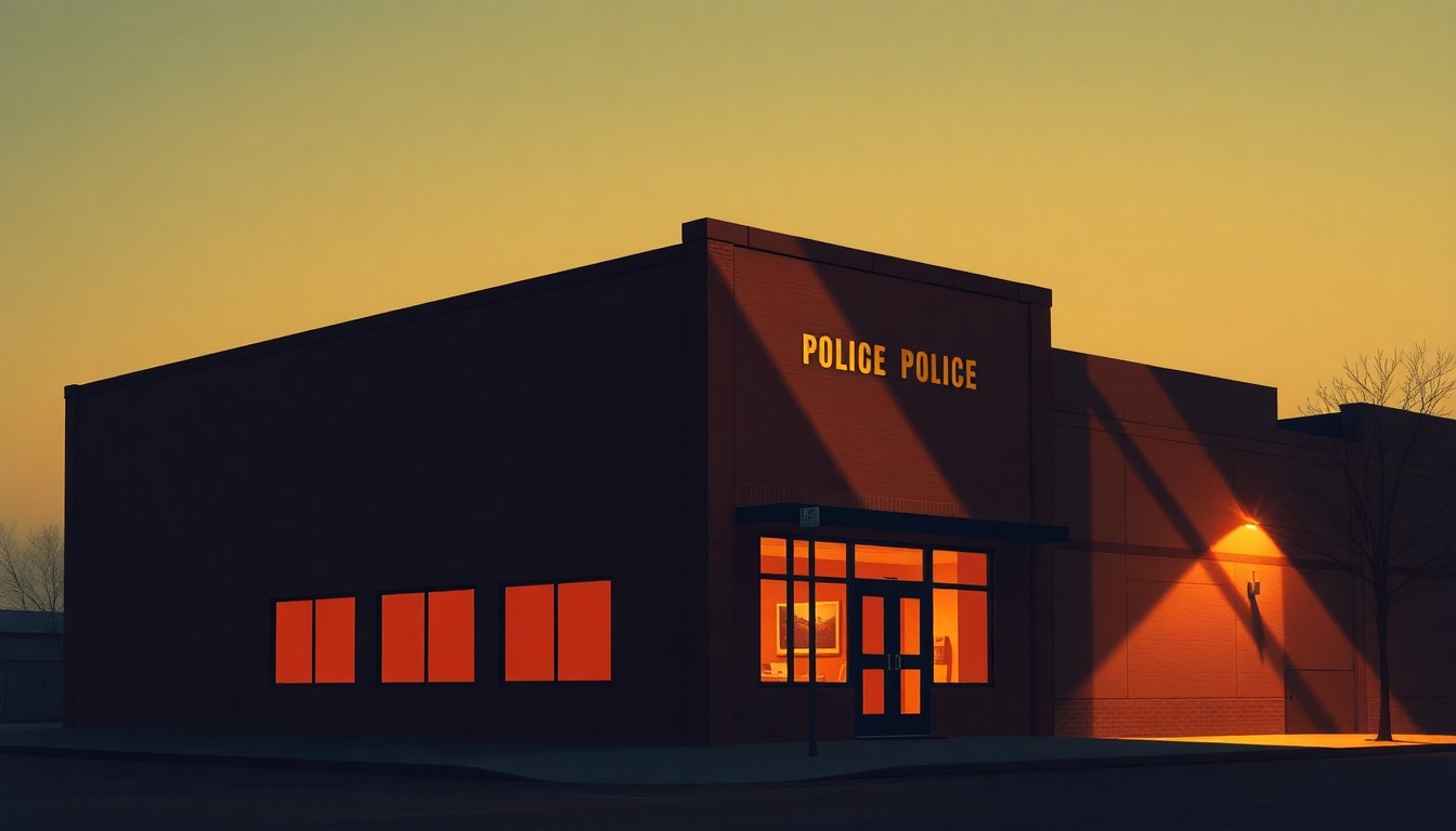 A photorealistic painting of a two-story brick building with large windows, set against a backdrop of warm, golden sunlight and deep shadows, evoking a sense of civic pride and institutional stability.