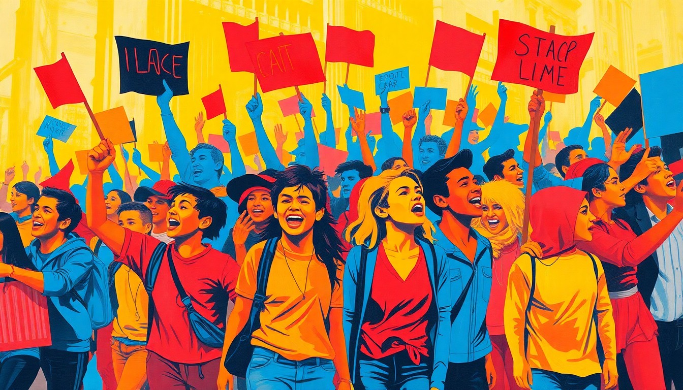 A dynamic, abstract painting featuring overlapping, fractured geometric shapes in bright primary colors, representing a group of students marching and chanting during a protest against Immigration and Customs Enforcement.