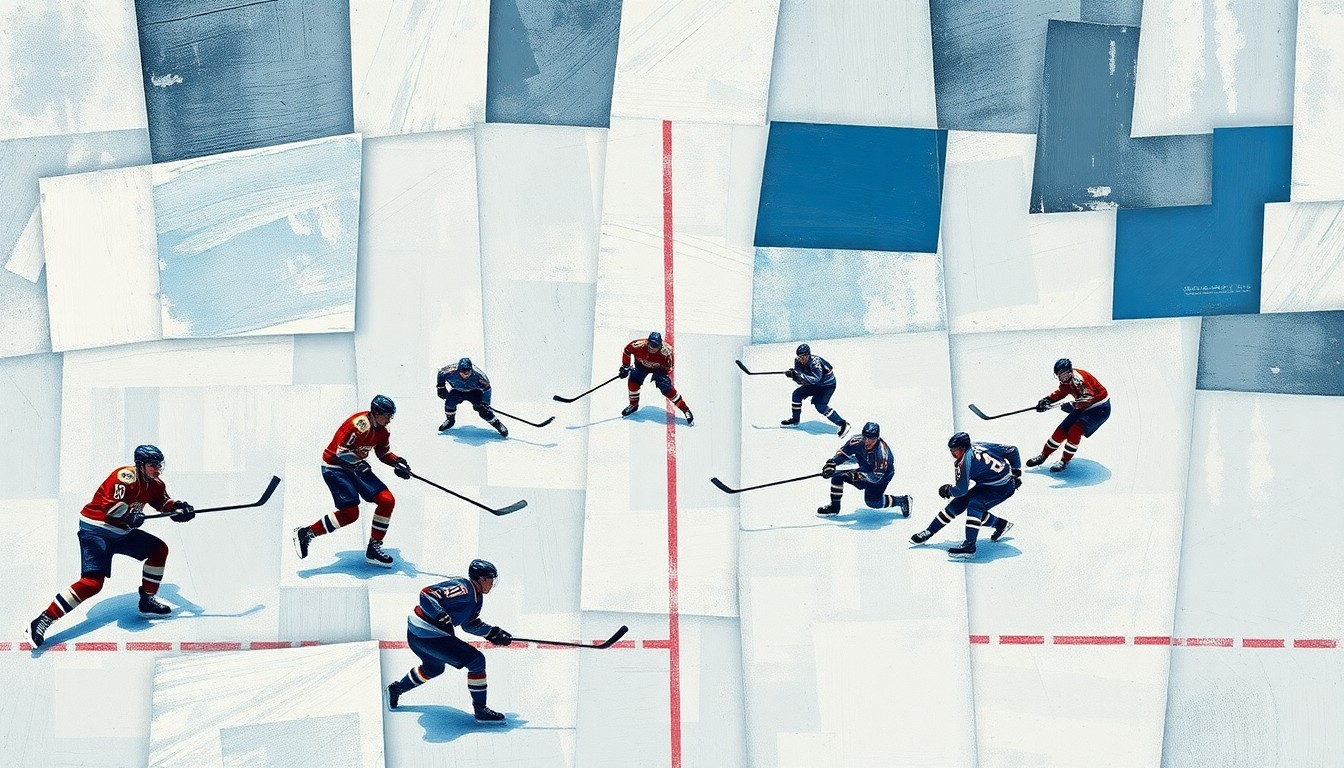 A fragmented, geometric painting depicting the dynamic movements and collisions of a hockey game, with players and equipment abstracted into sharp, overlapping planes of color.
