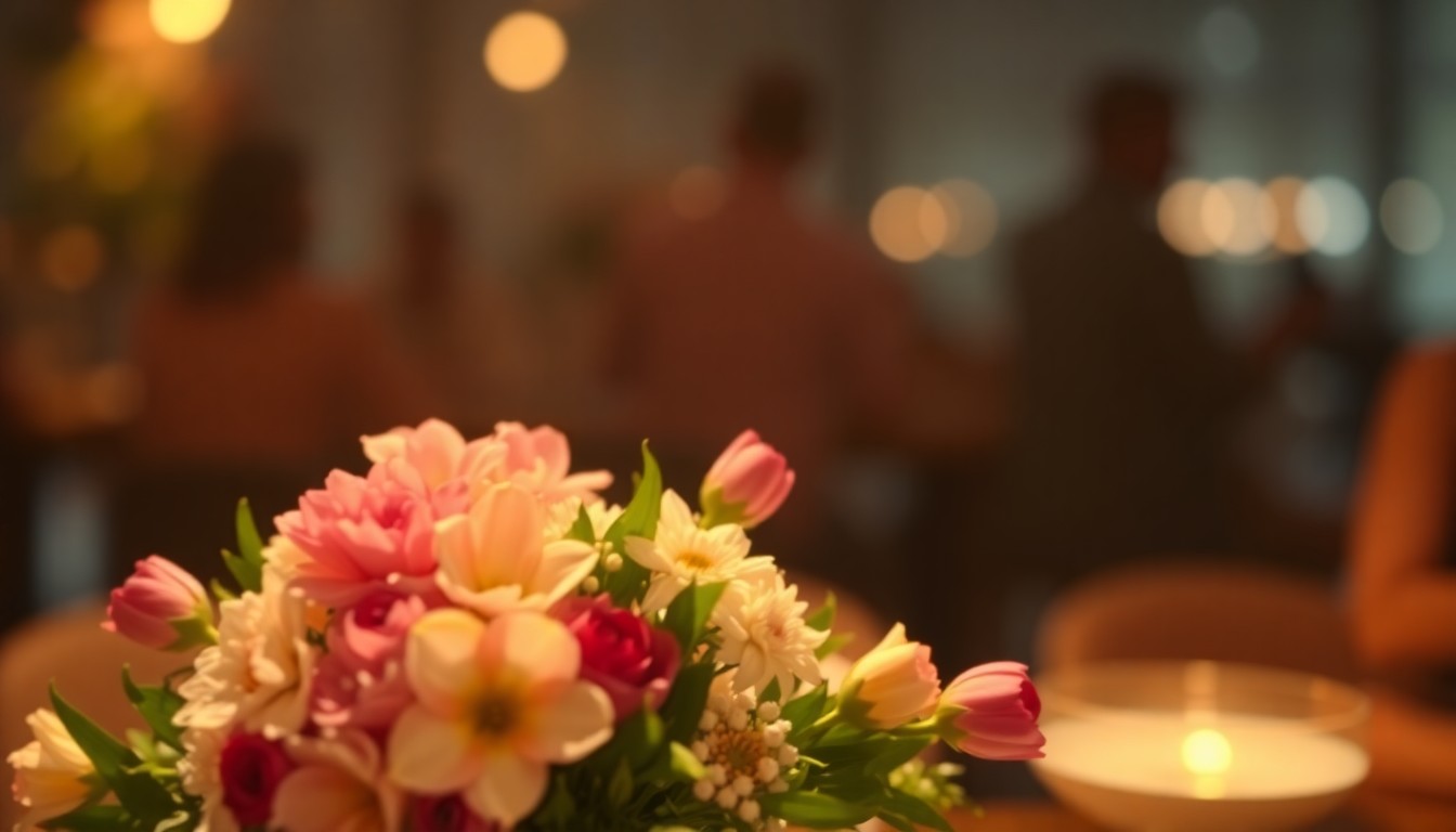 An extremely abstracted, out-of-focus photograph in soft pools of warm color and light, depicting a bouquet of fresh flowers on a table with blurred figures in the background, conveying a sense of comfort and community.