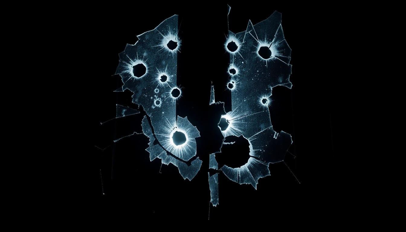 An extreme close-up photograph of a shattered church door window with multiple bullet holes, creating a stark, gritty, and investigative visual aesthetic.