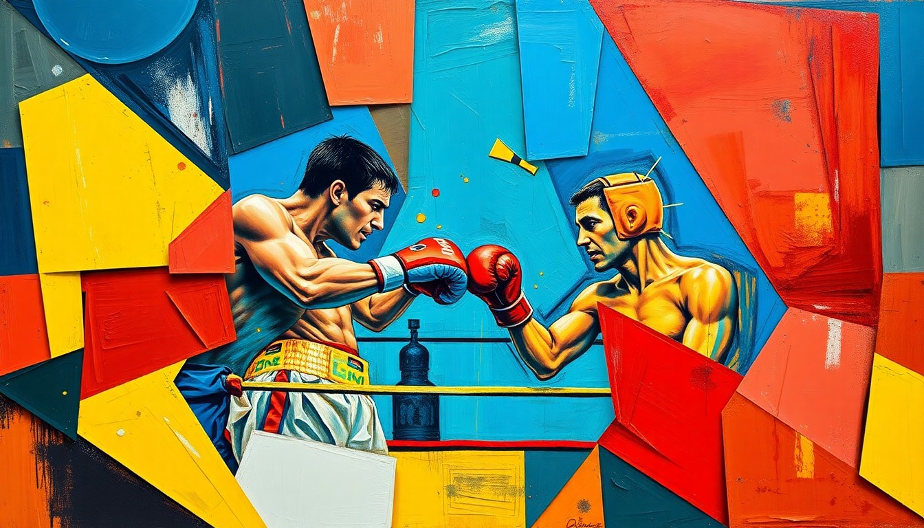 A cubist, geometric painting depicting the energy and intensity of a boxing match, with sharp, overlapping shapes and planes in a vibrant color palette.
