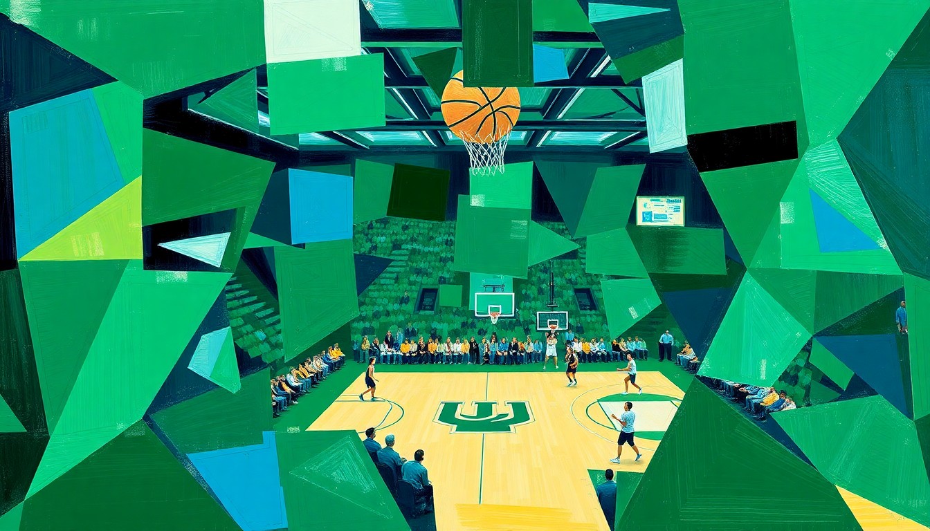 A cubist, geometric painting in shades of green and blue, breaking down a women's basketball game into fragmented, overlapping shapes and planes to conceptually represent the coaching staff changes at Tulane.