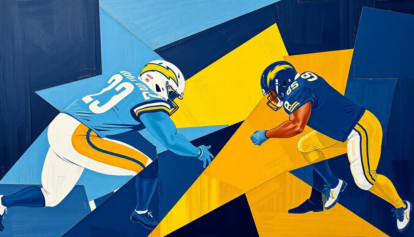 A fragmented, multi-angled painting in the style of Pablo Picasso, with sharp, overlapping geometric shapes in navy blue, powder blue, and gold representing the chaos and pressure faced by the Chargers' offensive line.