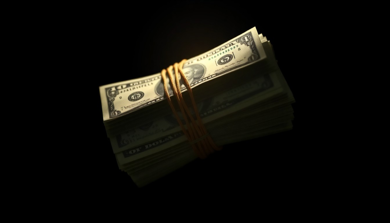 An extreme close-up of a bundle of rubber-banded U.S. currency, conceptually illustrating the physical evidence seized in a major drug trafficking investigation.