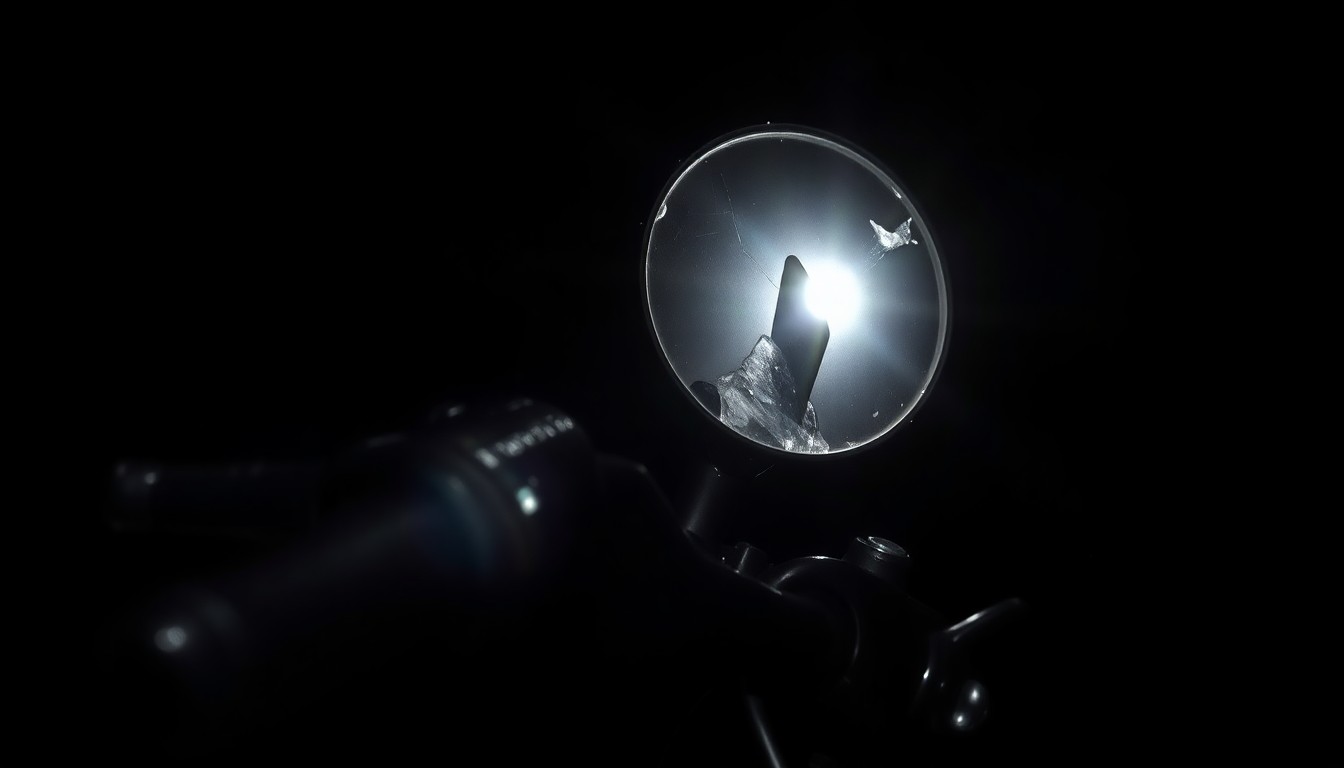 An extreme close-up photograph of a damaged motorcycle part, such as a twisted handlebar or shattered mirror, lit by a harsh, direct camera flash against a pitch-black background, conceptually illustrating the aftermath of a fatal high-speed crash.