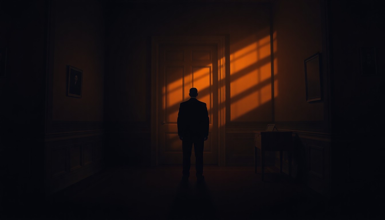 A solitary figure stands alone in a dimly lit government office, bathed in warm, diagonal sunlight and deep shadows, creating a sense of quiet contemplation and unease.