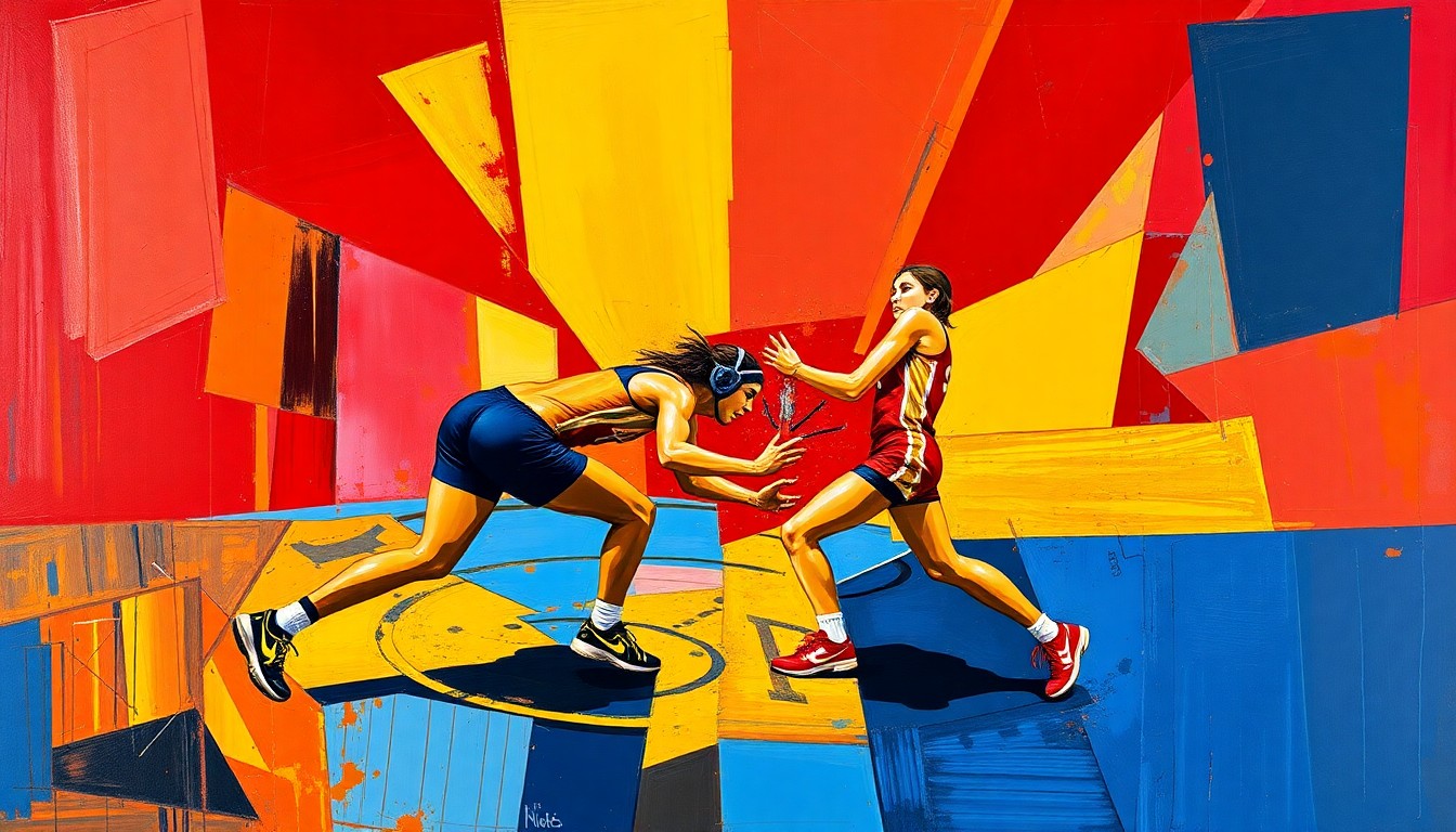 A fragmented, cubist-style painting featuring sharp, overlapping geometric shapes in shades of red, gold, and blue, representing the action and intensity of a girls wrestling match.