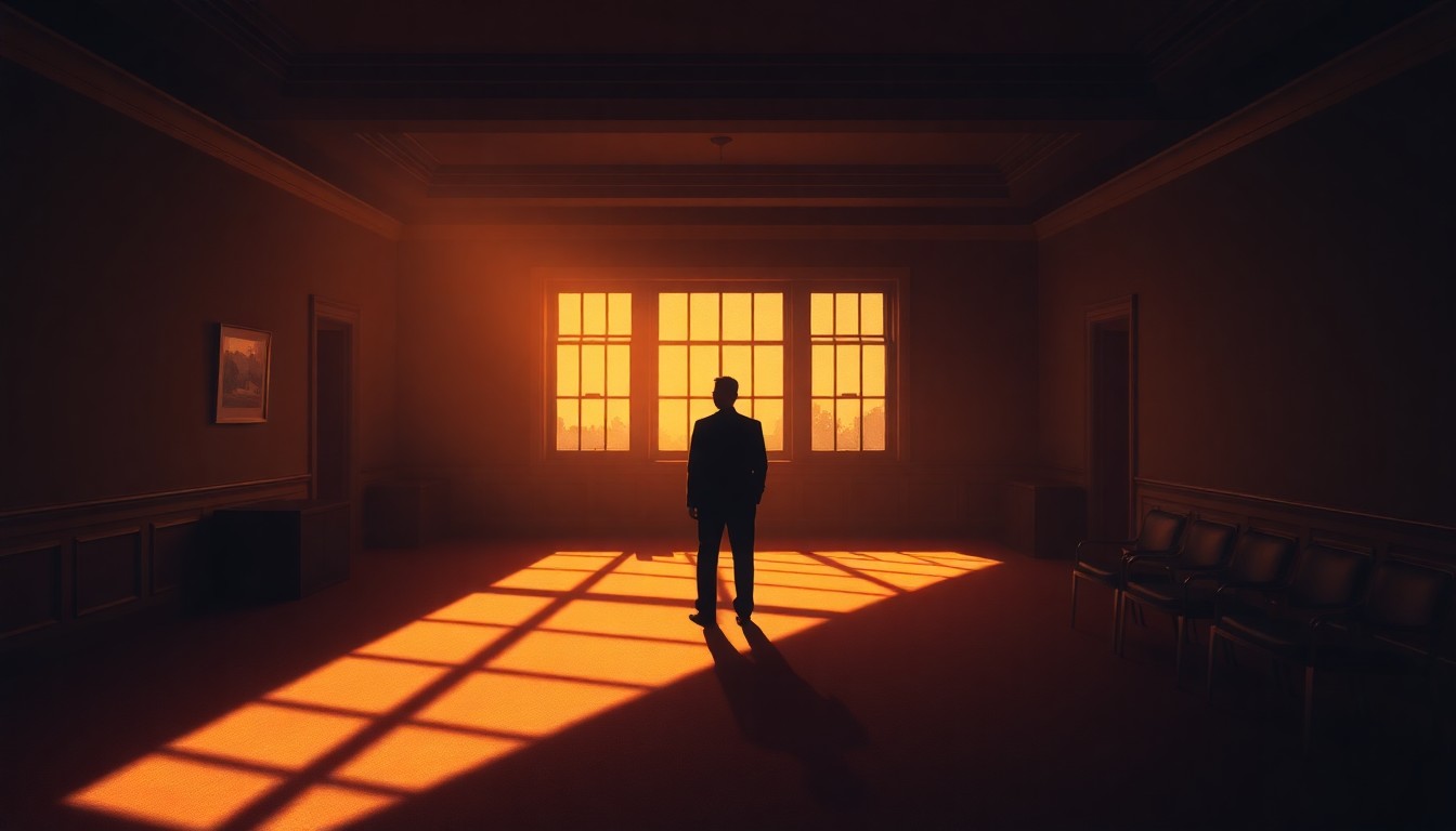 A moody, cinematic painting of a solitary government official standing alone in an empty office, with warm light and deep shadows creating a sense of isolation and contemplation.