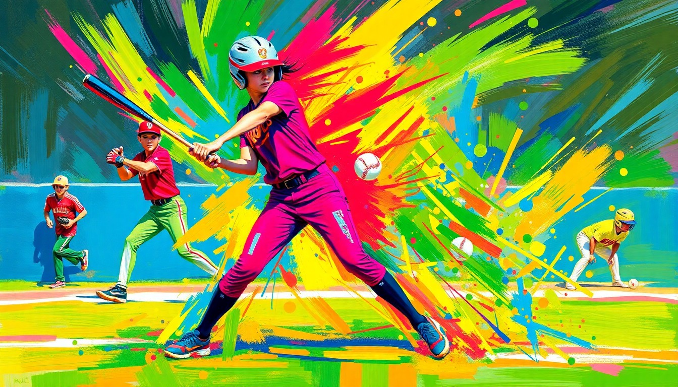 An abstract, expressionistic painting in bright neon colors, with dynamic brushstrokes conveying the intensity and motion of a softball game without depicting any specific players or details.