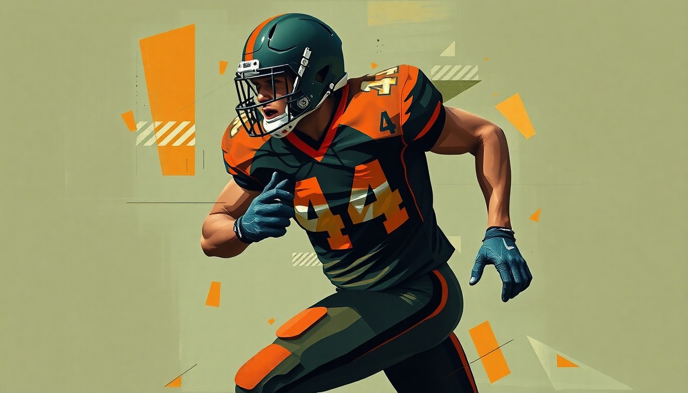 A fractured, geometric painting depicting a football player in motion, with sharp, overlapping planes in earthy green, burnt orange, and dark grey tones, conveying the multi-dimensional nature of the player's role.