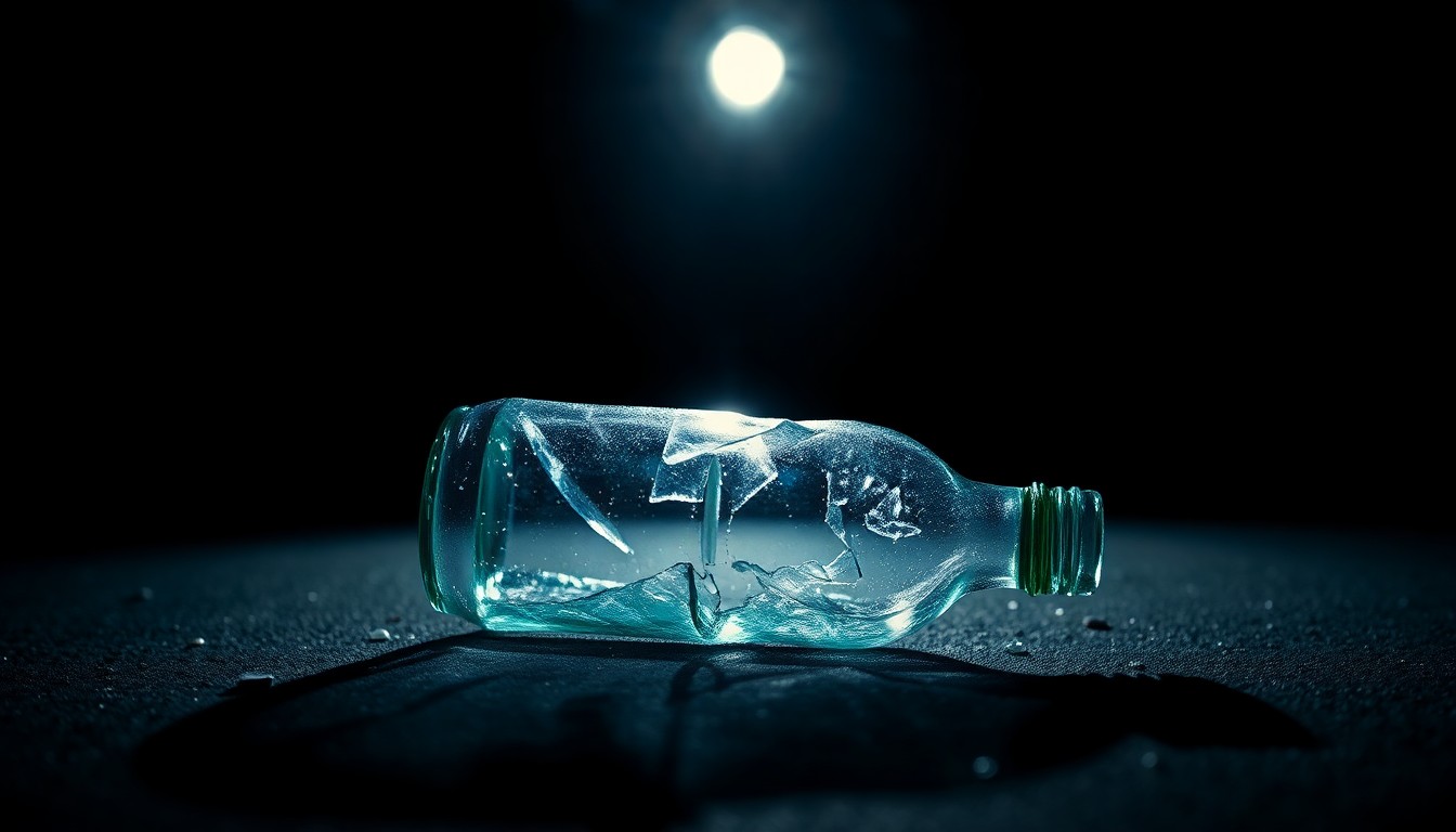 An extreme close-up photograph of a shattered glass bottle on the ground, lit by a harsh, direct camera flash against a pitch-black background, conceptually representing the violence and public safety concerns that have prompted changes to the First Friday event.