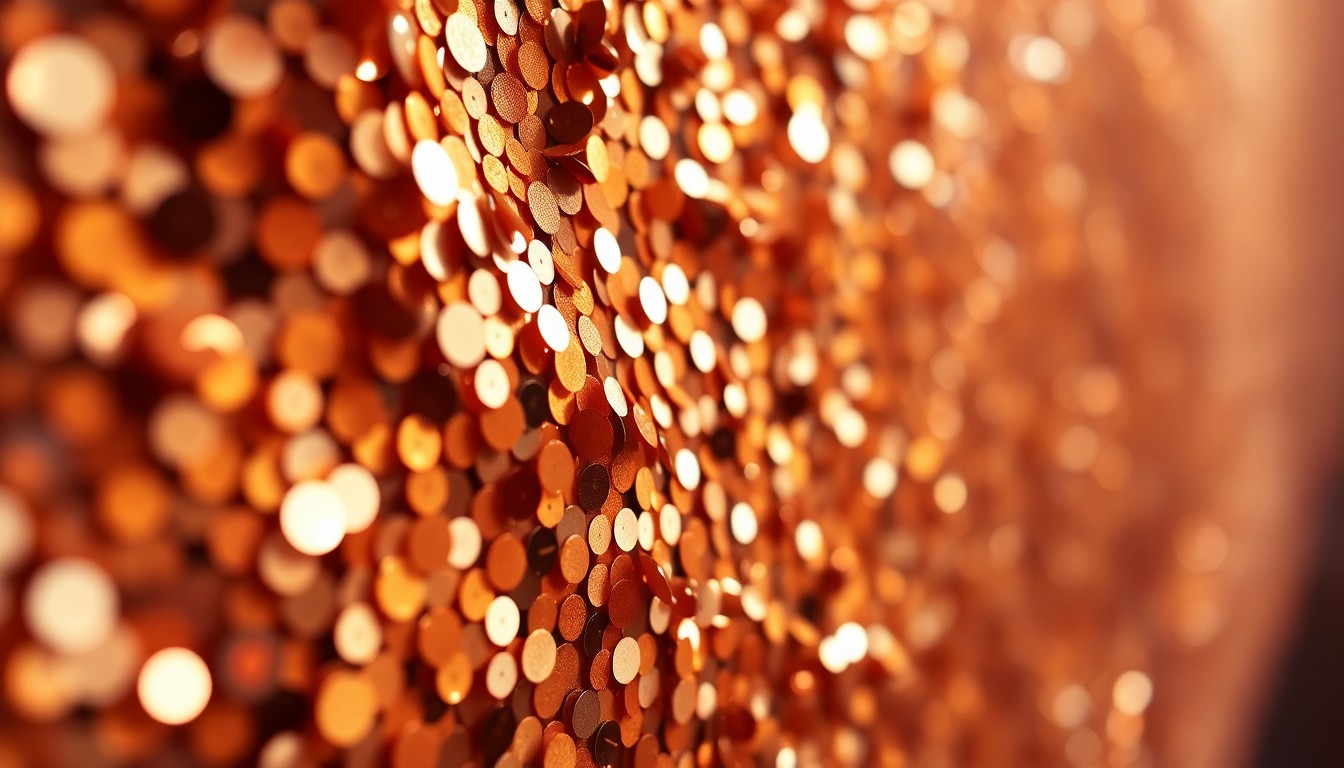 An abstract macro photograph featuring a close-up of shimmering, high-contrast sequins in warm metallic tones, evoking the glamorous, high-energy atmosphere of a major music festival.
