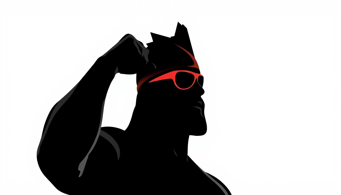 An abstract, minimalist illustration featuring a dramatic black silhouette of Hulk Hogan's signature flexing pose, conveying the wrestler's powerful persona and enduring legacy in the world of professional wrestling.