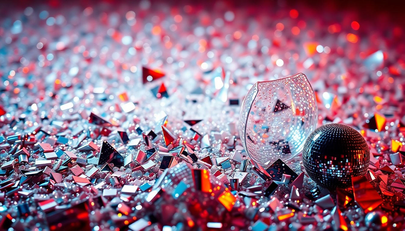 An abstract close-up photograph featuring a dramatic, high-contrast composition of glittering sequins and shattered disco glass, capturing the glamour and spectacle of a Lady Gaga concert.
