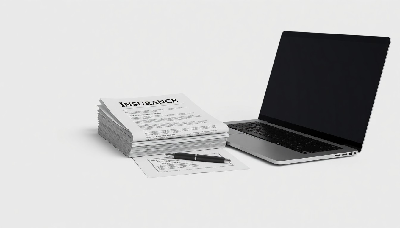 A high-end, photorealistic studio still-life photograph featuring a stack of insurance documents, a pen, and a laptop computer on a clean, monochromatic background, conceptually representing the abstract concepts of corporate strategy, finance, and risk management.