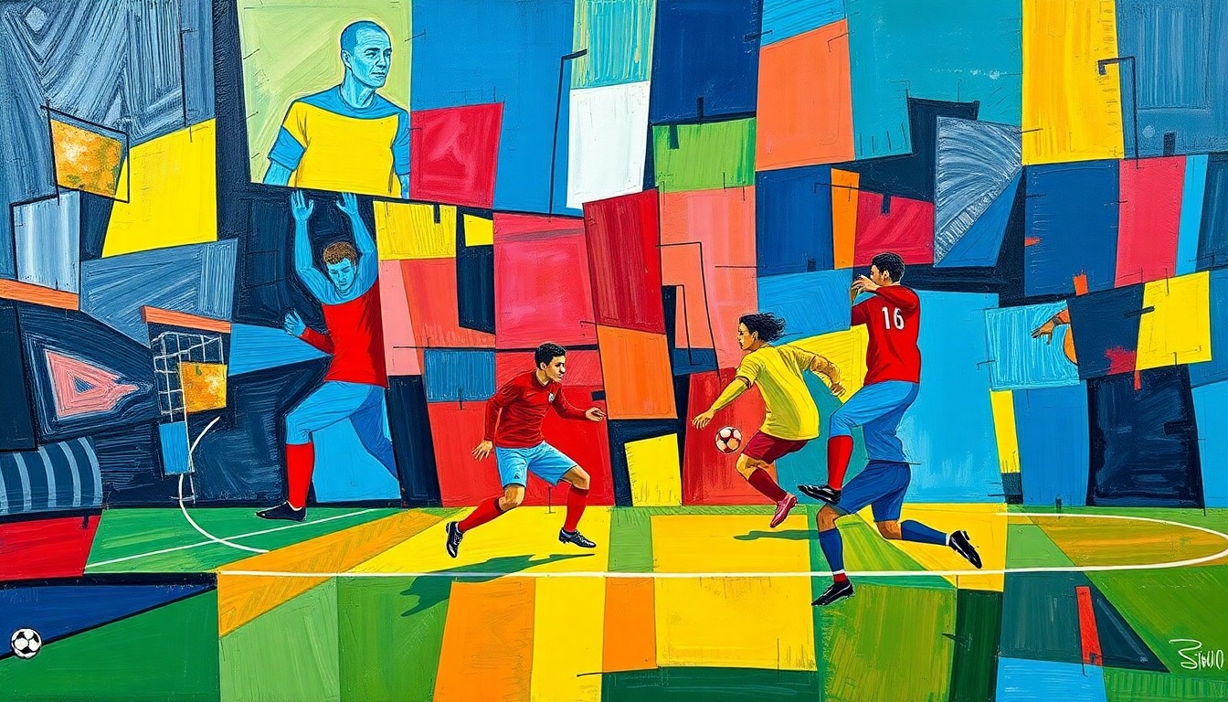 A cubist, geometric painting depicting fragmented, overlapping shapes and planes in shades of blue, red, and yellow, conceptually representing the multifaceted nature of Messi's investment in a lower-league soccer club.