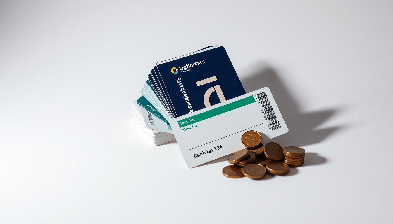 A high-end, photorealistic studio still-life photograph featuring a stack of transit passes, a metro ticket, and a handful of coins arranged elegantly on a clean, monochromatic background. The objects are lit dramatically, symbolizing the abstract concepts of public transit funding and financial sustainability.