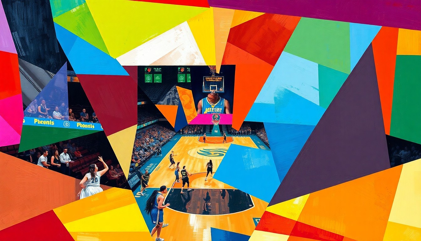 A cubist, geometric painting depicting the fragmented action of a WNBA basketball game, with sharp planes of color representing the players and court.