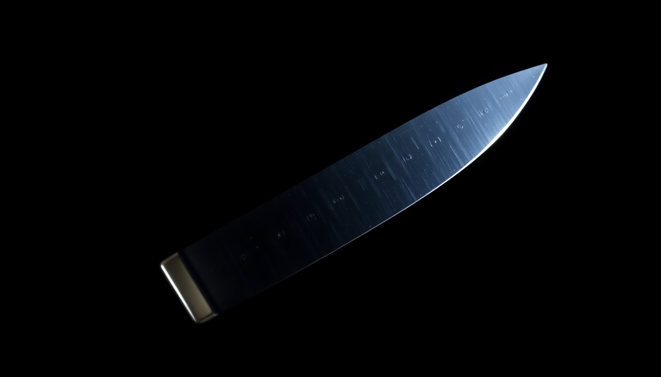 An extreme close-up of a serrated knife against a dark background, conceptually representing the alleged weapon used in the assault between the Lohan family members.