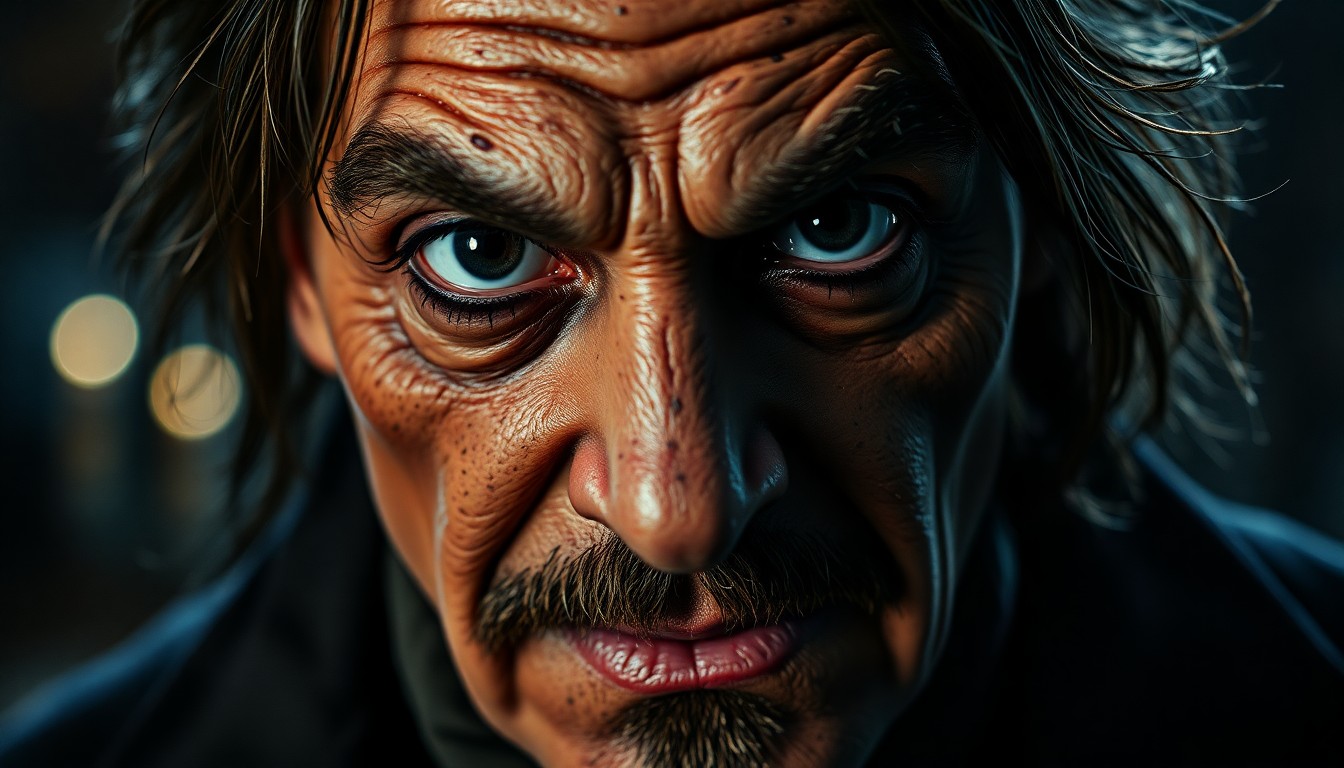 An extreme close-up photograph of the intricate, weathered prosthetic makeup on Johnny Depp's face as he portrays the character of Ebenezer Scrooge, capturing the gritty, high-contrast textures and details of the iconic miser's appearance.