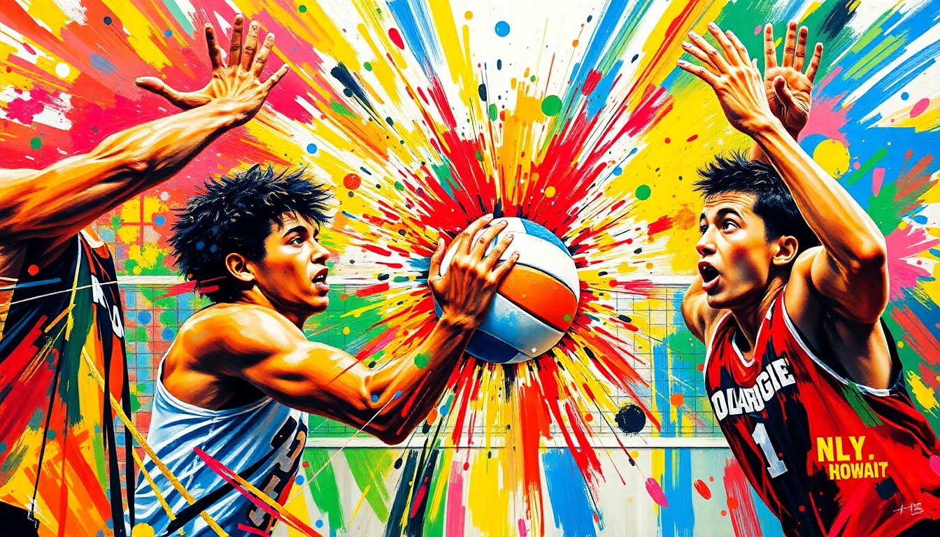 A dynamic, abstract painting in neon colors capturing the intense energy and motion of a volleyball match, with players' forms and the ball blending into vibrant, expressive brushstrokes.
