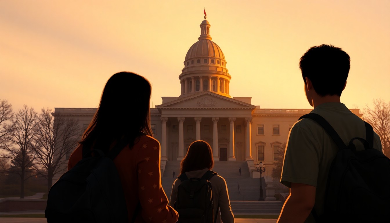 A serene, nostalgic painting depicting two students standing in front of a state capitol building, the scene bathed in warm, golden light and deep shadows, conveying a sense of quiet pride and civic duty.
