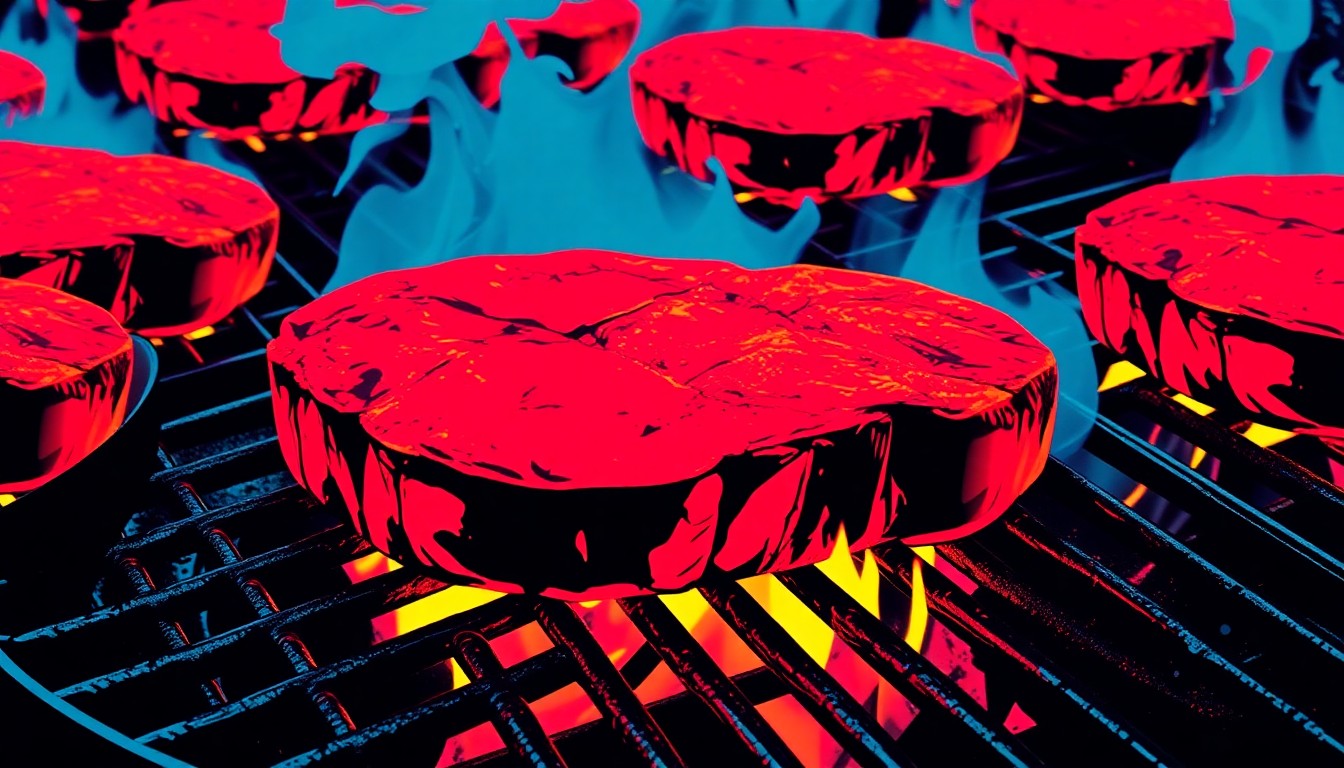 A vibrant, abstract silkscreen-style illustration featuring multiple images of a juicy steak sizzling on a grill, rendered in a bold, neon color palette that captures the energy and excitement of a community barbecue event.