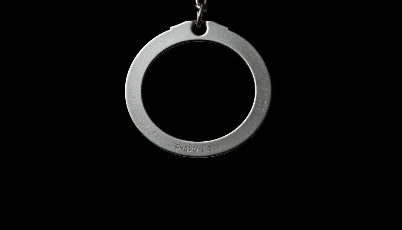 An extreme close-up photograph of a single metal handcuff, the surface reflecting the harsh direct flash of the camera against a pitch-black background, conceptually representing the serious and investigative nature of a child abduction case.