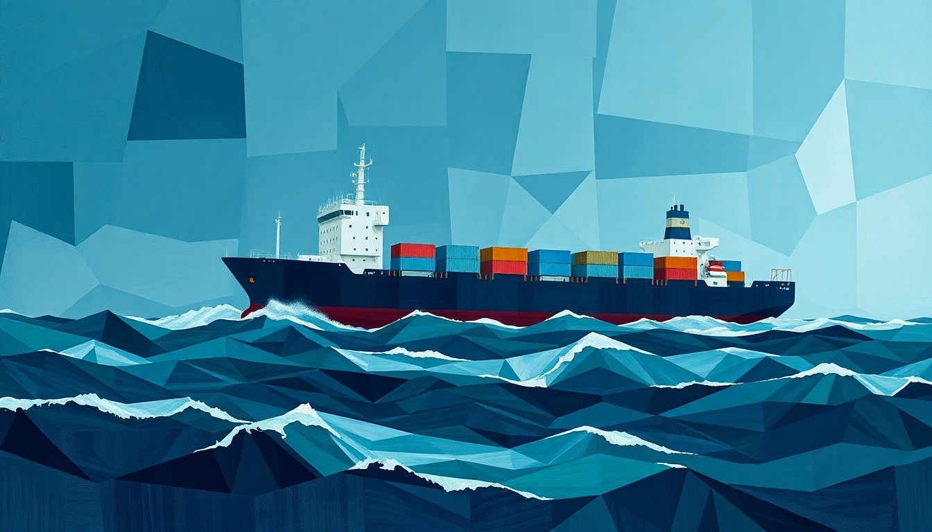 A dynamic, abstract painting depicting a cargo ship tossed about in rough seas, the vessel's outline repeated in fractured, geometric waves of color, conveying the tension and uncertainty surrounding the U.S. military's expanded interdiction efforts.