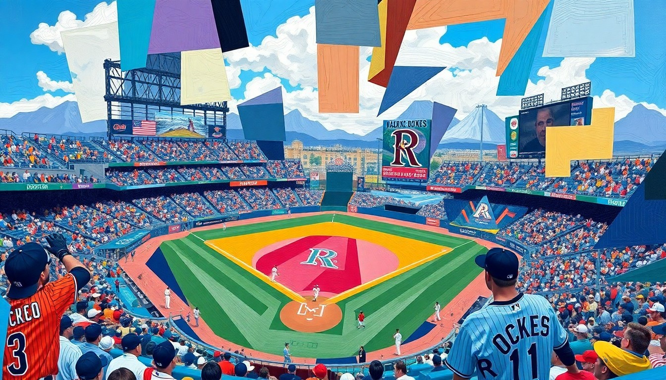 A cubist, geometric painting depicting a baseball game in progress, with the players and stadium environment broken down into sharp, overlapping planes of color and shape, conveying the complex, interconnected nature of DePodesta's rebuilding plan for the Rockies.