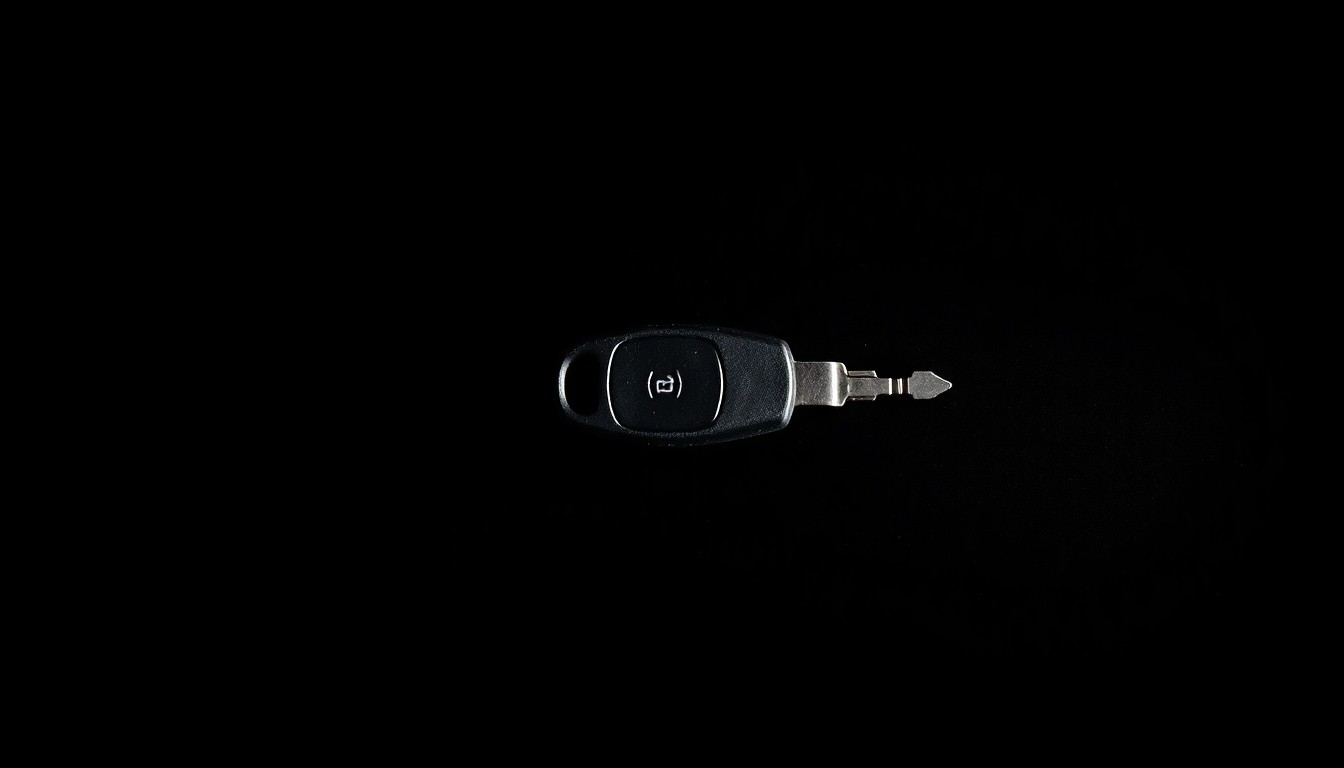 An extreme close-up photograph of a single car key against a pitch-black background, lit by a harsh, direct camera flash. The key is the sole focus, with dramatic shadows and highlights emphasizing the metal texture and form, conceptually representing the urgency behind the search for a missing person.