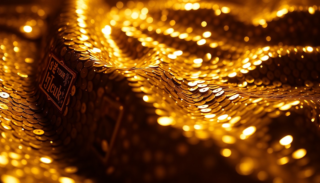 An extreme close-up photograph of shimmering gold sequins reflecting a soft spotlight, conceptually representing the glamour and high-stakes world of pop music stardom.