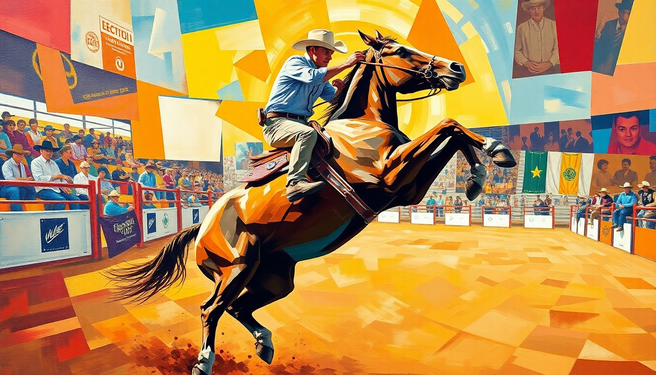 A cubist, geometric painting depicting a saddle bronc rider mid-ride, with the horse and rider broken into overlapping planes of vibrant colors representing the energy and excitement of the rodeo competition.