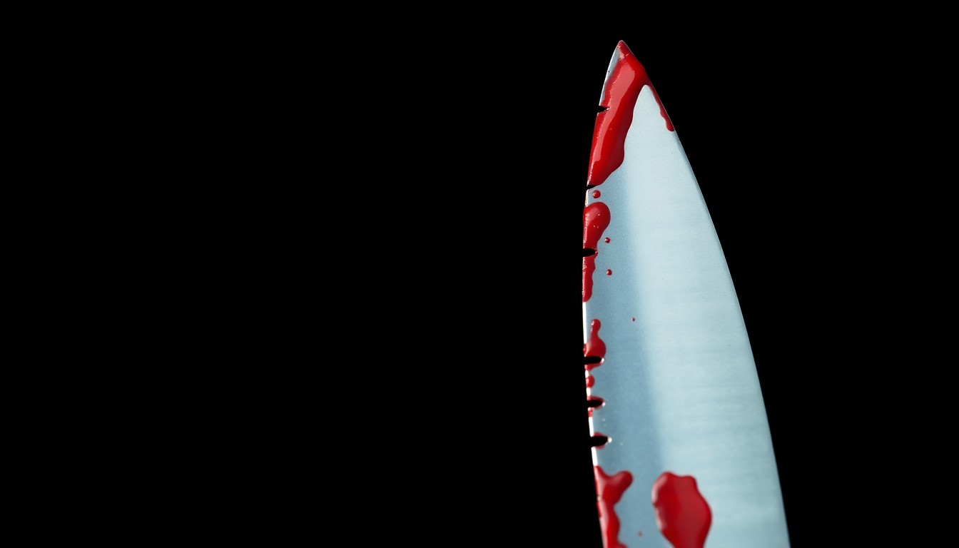 An extreme close-up of a single bloody knife blade, photographed against a pitch-black background with harsh, direct lighting, conceptually illustrating the violent nature of the crime.