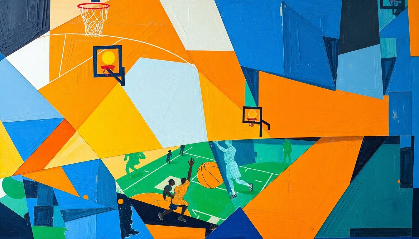 A fractured, multi-perspective painting in bold, vibrant colors depicting a basketball game broken down into sharp, overlapping geometric shapes and planes, conveying the excitement and energy of the NBA playoffs.