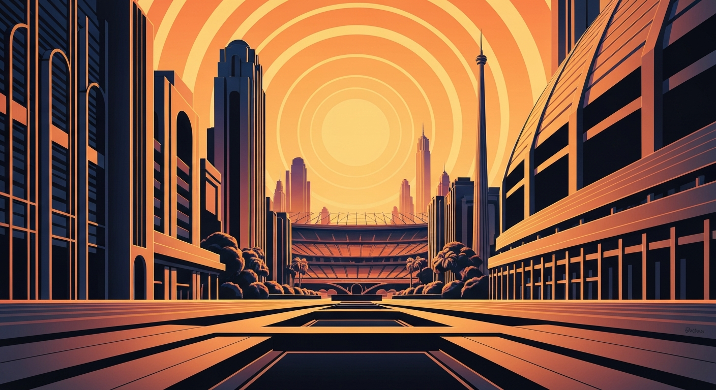 A highly stylized, geometric illustration depicting the grand scale of international sporting events, with towering stadiums and sweeping cityscapes rendered in bold, airbrushed gradients of color.