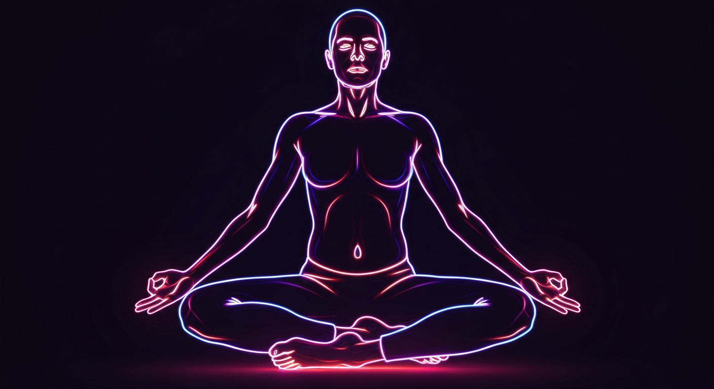 A glowing neon outline of a person doing yoga, with their limbs defined by vibrant, pulsing lines against a dark background, conceptually representing the mental and physical benefits of exercise.