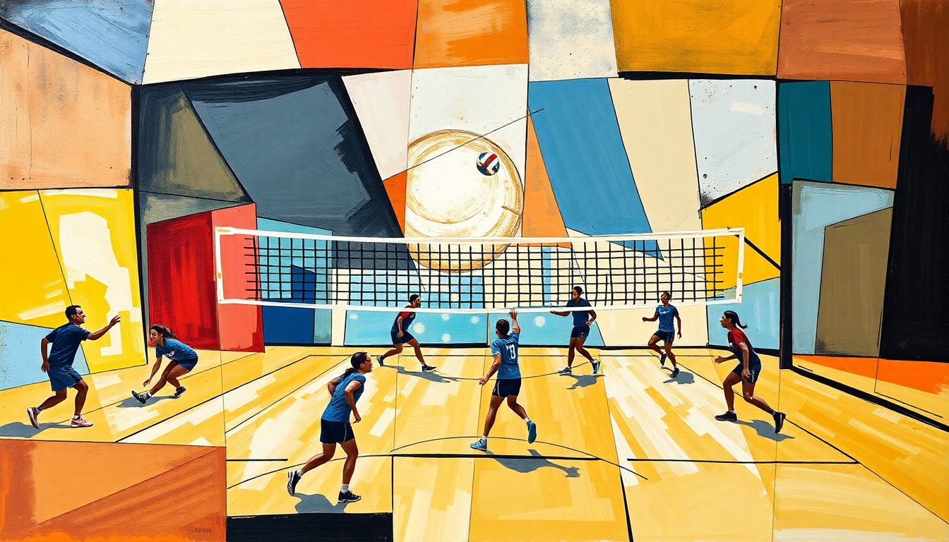 A fractured, multi-perspective painting featuring sharp, overlapping geometric planes that abstractly represent the movements and action of a volleyball match between two teams, conveying the dynamic energy and competitive spirit of the game.