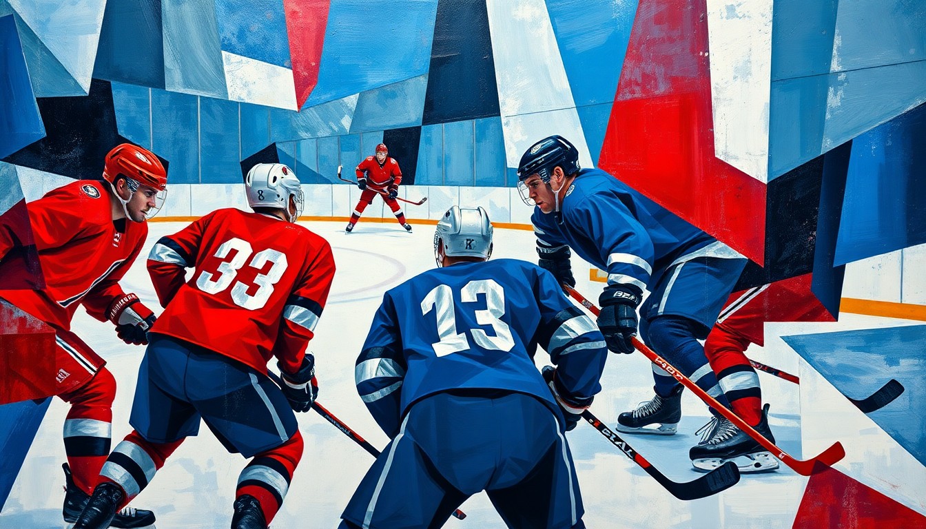 A cubist, geometric painting depicting the chaotic action of a hockey game, with players' forms abstracted into overlapping angular shapes in a palette of deep blues, bright reds, and metallic silvers.
