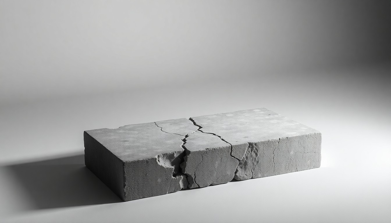 A close-up view of a cracked concrete slab with exposed rebar, representing the unfinished and damaged duplex left behind by a failed 3D printer project in Cairo, Illinois. The image uses dramatic lighting and a minimalist, studio-style composition to symbolize the broader issues of broken promises and the struggle for revitalization in small, declining towns.