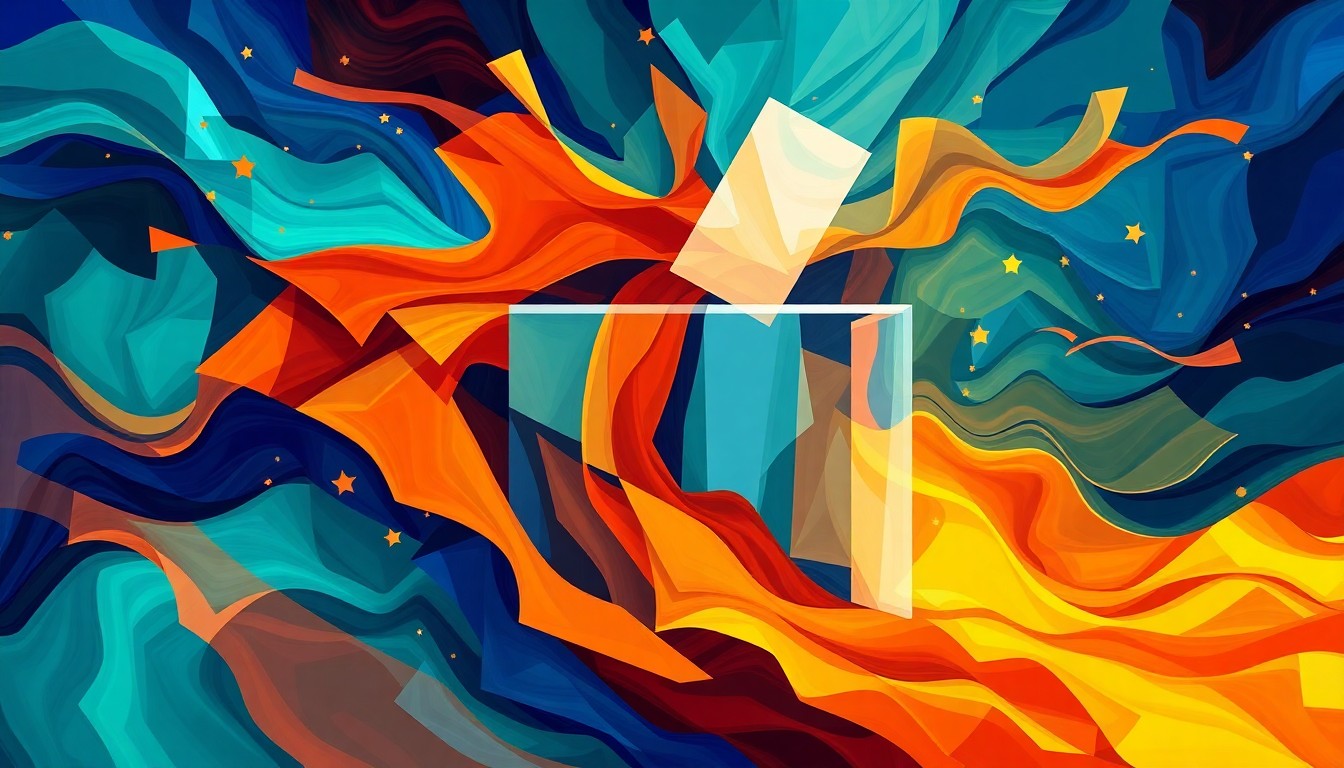 A dynamic, fractured painting depicting a voting booth or ballot box in motion, with overlapping geometric shapes and waves of vibrant colors, conceptually representing the shifting political dynamics in suburban areas.