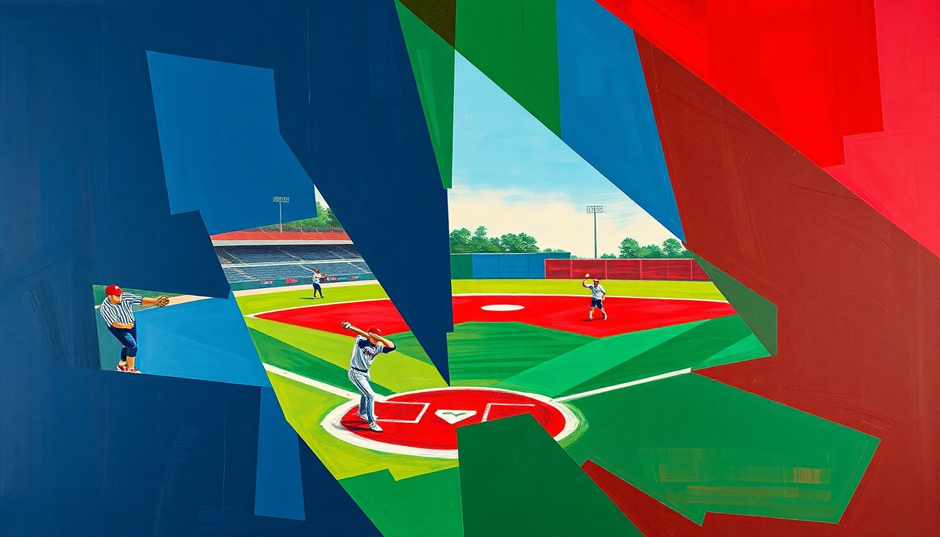 A fragmented, geometric painting in bold colors depicting the dynamic movements and energy of a high school baseball or softball game, conveying the competitive spirit of the local sports scene.