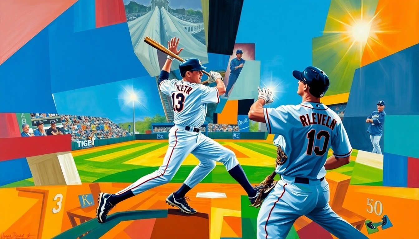 A fractured, geometric painting depicting a baseball player's swing and the ball's trajectory, rendered in the cubist style with sharp, overlapping planes of color representing the Detroit Tigers and Kansas City Royals uniforms.