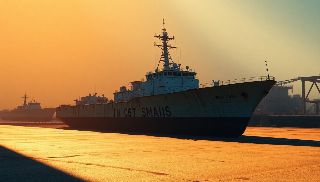A photorealistic painting of a large naval ship docked at a shipyard, with the vessel's hull and superstructure cast in warm, golden light and deep shadows, creating a contemplative, cinematic mood.