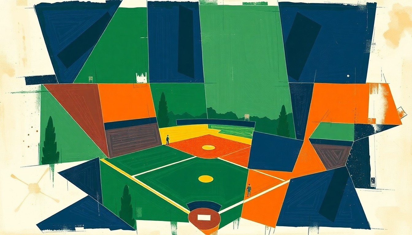 A fragmented, geometric painting depicting the dynamic action of a high school baseball game, with sharp planes of navy, green, and orange overlapping to create a sense of motion and competition.