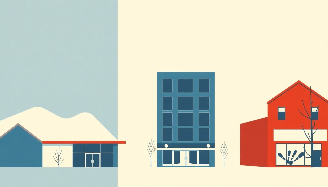 A minimalist abstract illustration using bold geometric shapes and primary colors to represent the economic trends in Steamboat Springs, Colorado, including declining sales tax revenue alongside increasing construction activity and miscellaneous retail sales.