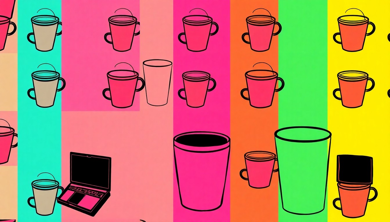 A bold, colorful silkscreen grid of a single, iconic lifestyle object like a coffee cup or makeup compact, rendered in a high-contrast, neon-infused pop art style that transforms the everyday into modern art.