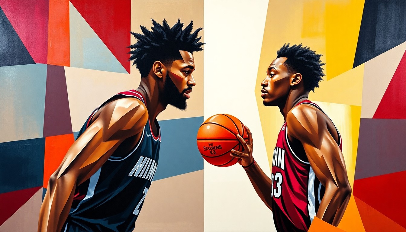 A fractured, cubist-style painting depicting the silhouettes of two basketball players, one larger and one smaller, interacting on a court. The forms are broken down into geometric shapes in shades of red, orange, and blue, representing the Miami Heat's team colors and the dynamic between the veteran and rookie players.