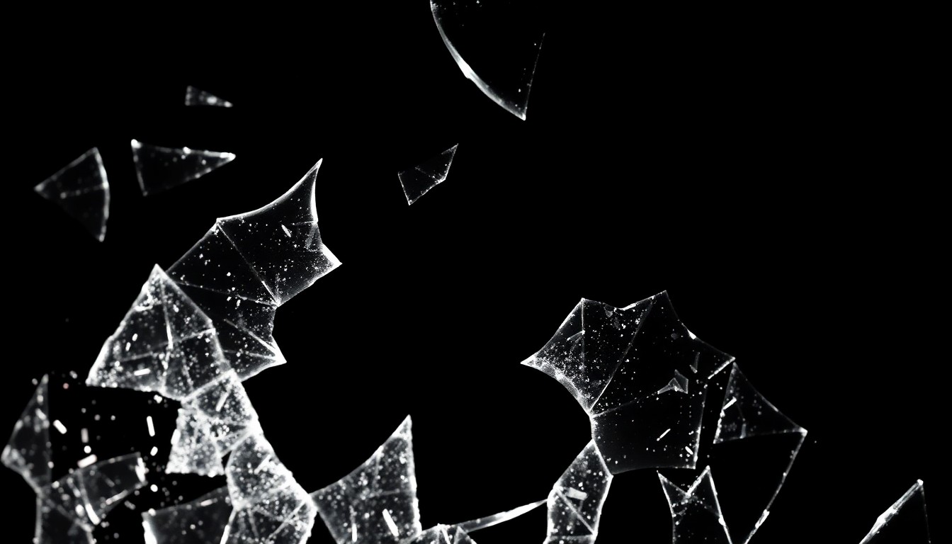 An extreme close-up photograph of shattered car window glass, lit by a harsh direct flash against a pitch-black background, conceptually representing the violent aftermath of a high-speed crash during a luxury car theft.